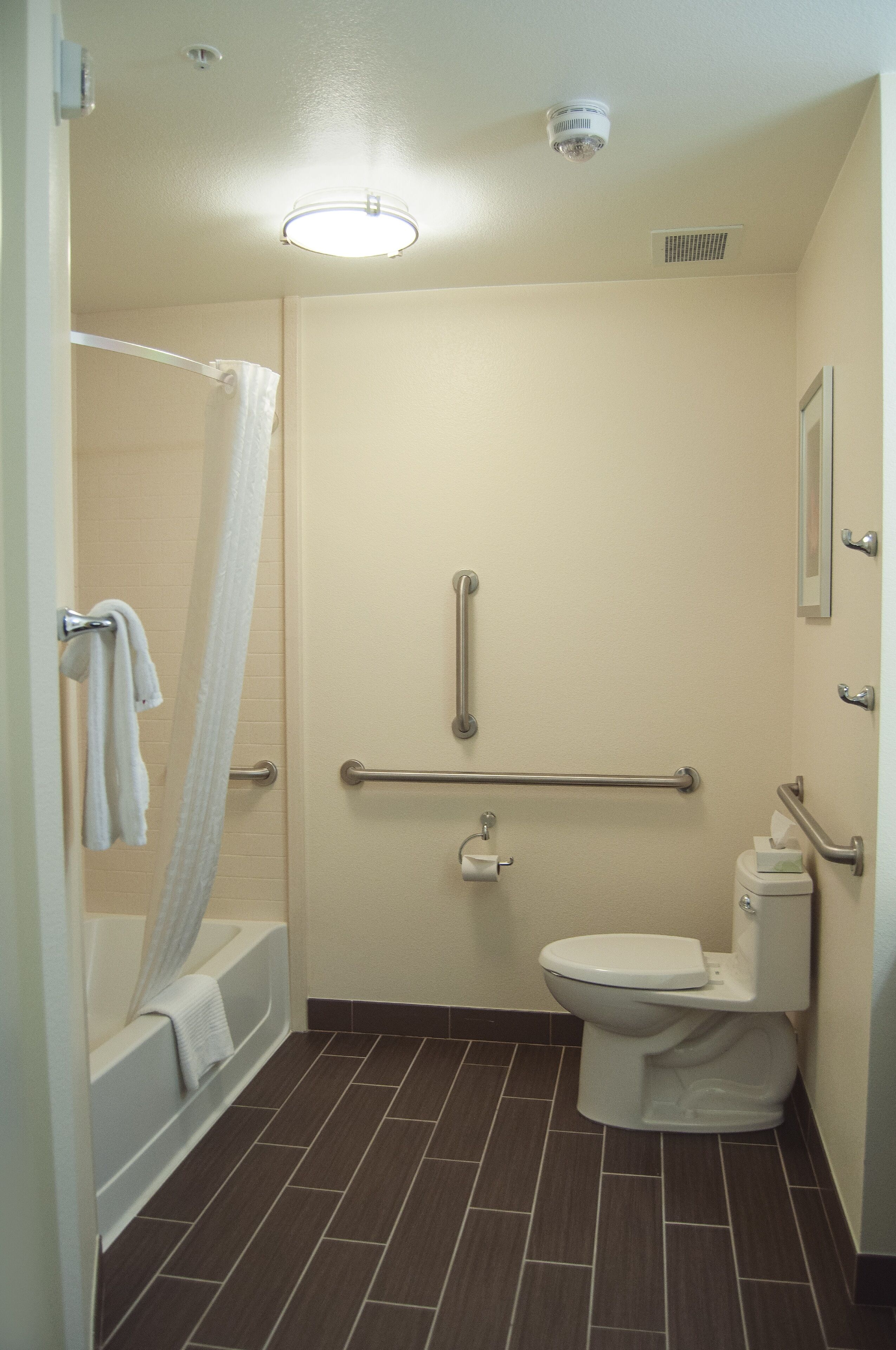A bathroom with a bathtub, toilet, and shower. It includes grab bars and a handrail.
