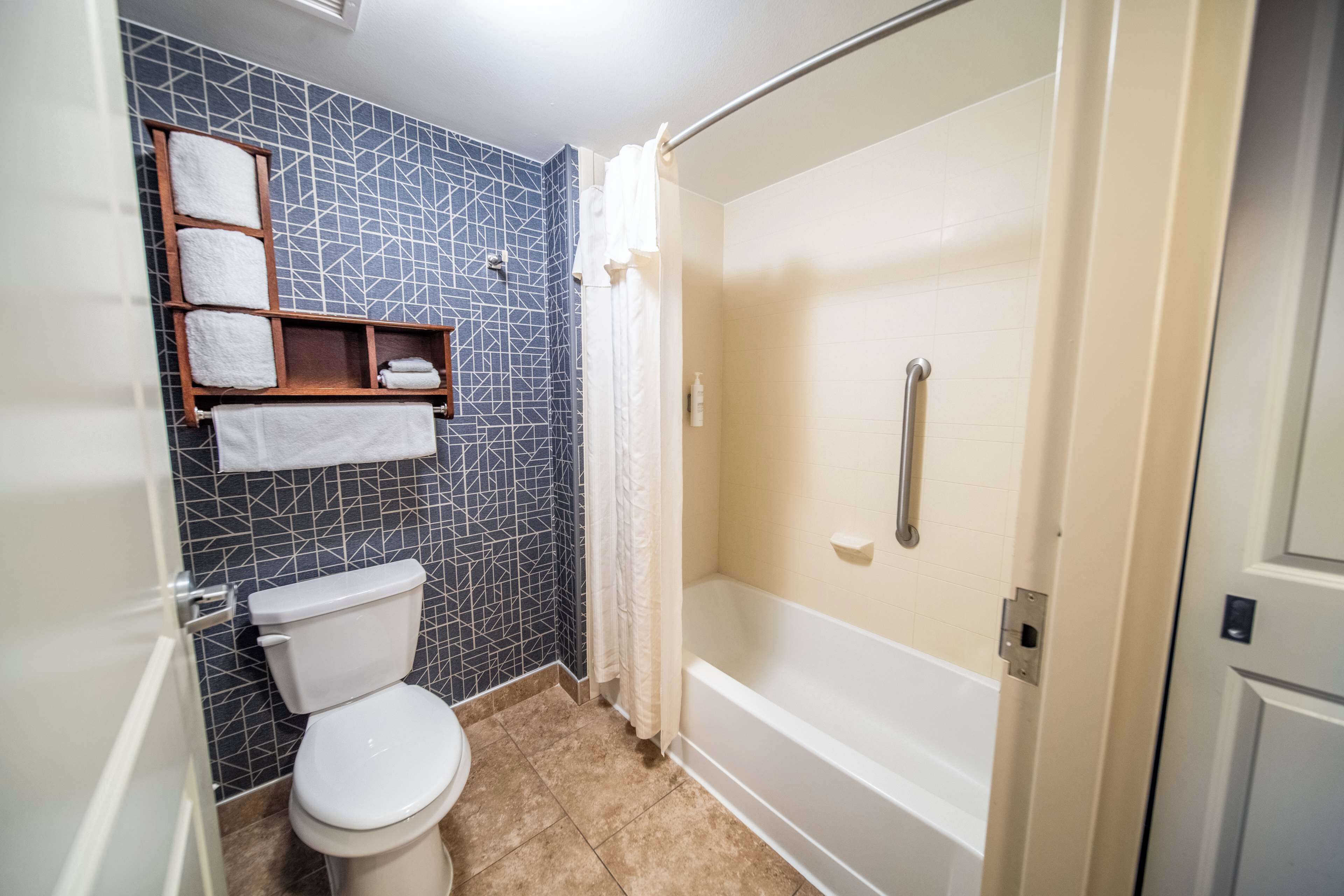 Et badeværelse med toilet, badekar og brusebad. Der er hylder med håndklæder og en flaske sæbe.