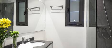Une salle de bain moderne avec une douche à parois de verre, un meuble-lavabo et un miroir au-dessus du meuble-lavabo.