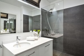 Shower, hair dryer, towels