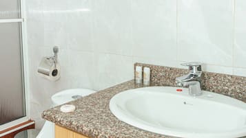 A bathroom with a white sink, granite countertop, wooden cabinets, a toilet, and a mirror above the sink.