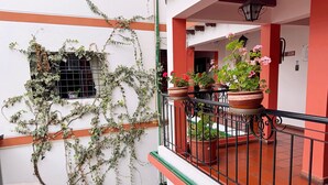 A balcony with potted plants and a window with vines. - Rincón Familiar Hotel Boutique (Quito)