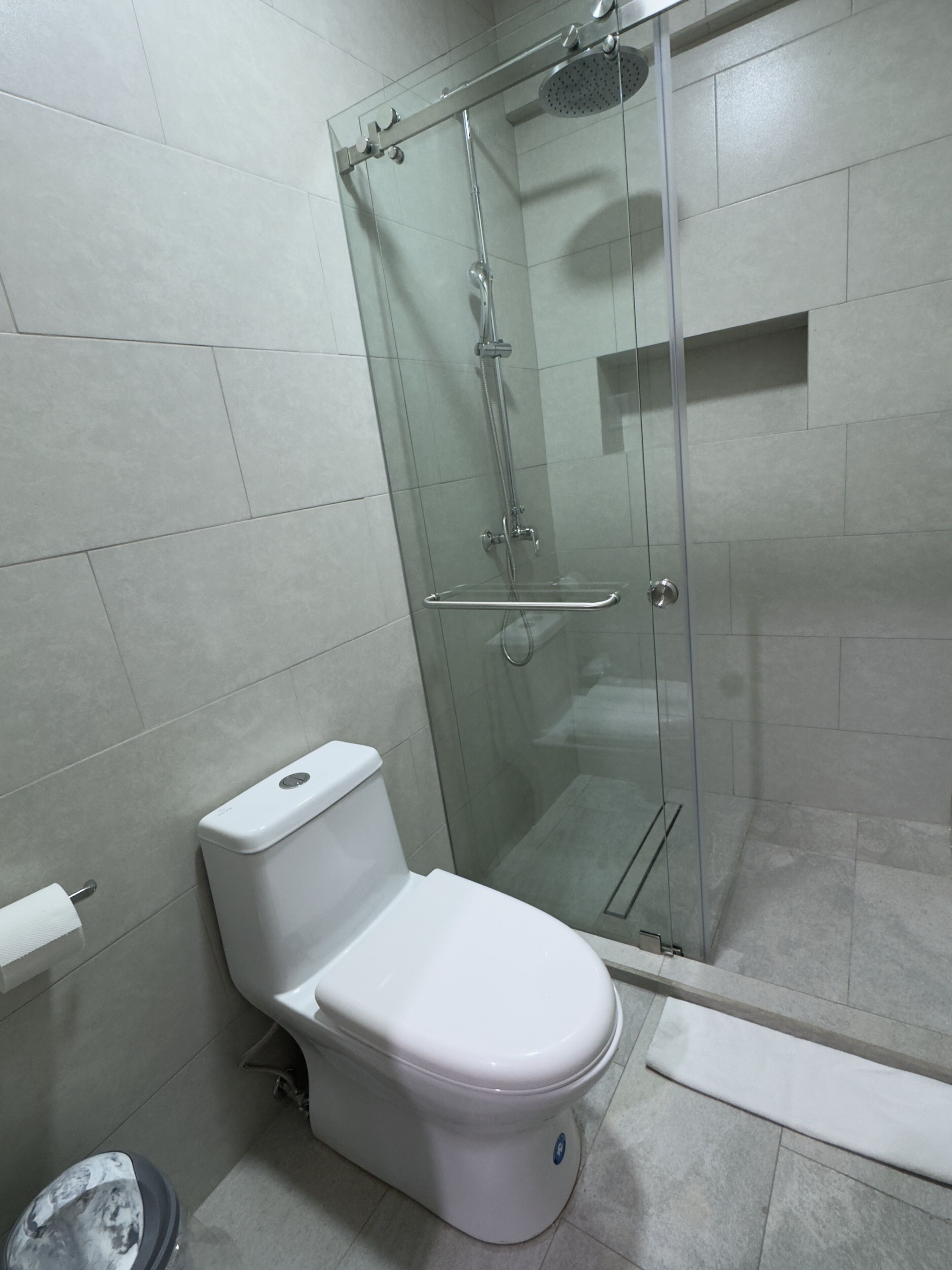 A bathroom with a toilet, a glass shower enclosure, and a toilet paper holder.