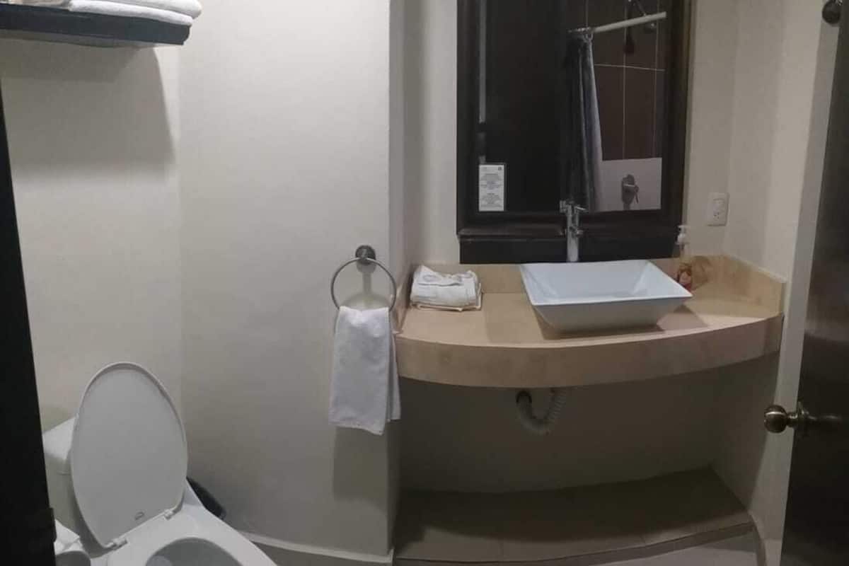 A bathroom with a toilet, sink, and shower.