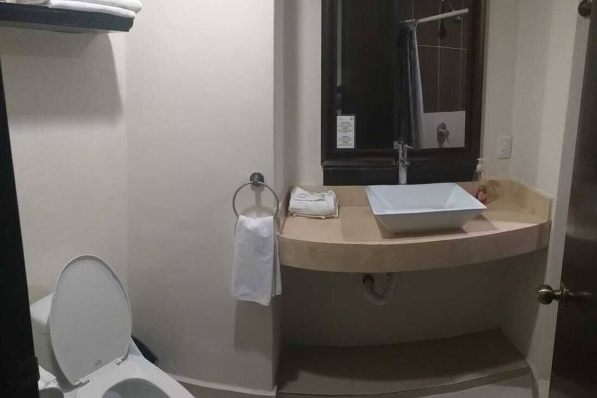 A bathroom with a toilet, sink, and shower.