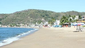 Una playa con orilla arenosa, palmeras y edificios al fondo.