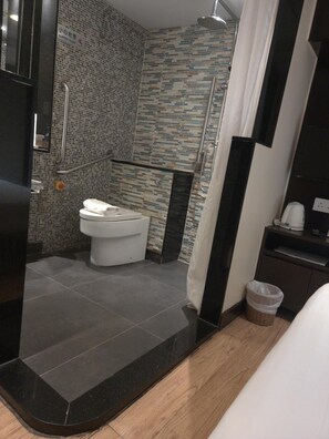 Dusche, Regendusche, Haartrockner, Hausschuhe