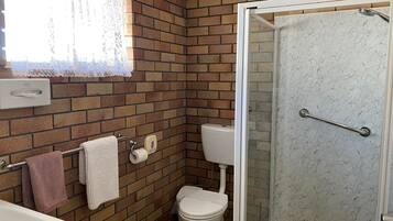 Un baño con pared de ladrillo, inodoro, ducha con puerta de cristal y lavamanos.