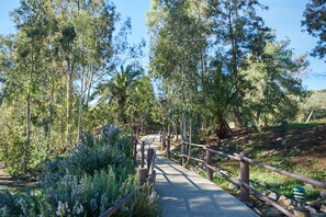 A paved pathway with wooden railings, surrounded by lush greenery and trees. - Pio Pico RV Resort & Campground (Jamul)