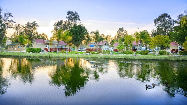 A tranquil lakeside view with houses and trees. - Wilderness Lakes RV Resort (Menifee)