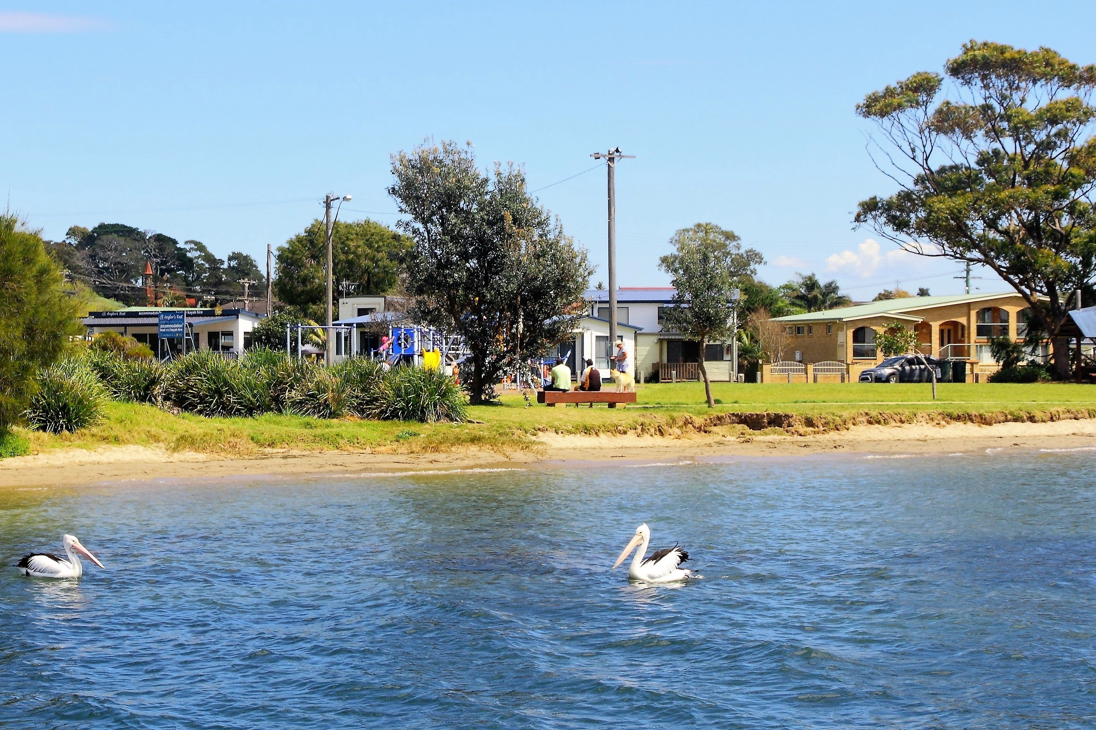 Una propiedad frente al agua con playa de arena, zona ajardinada y un edificio con techo verde.