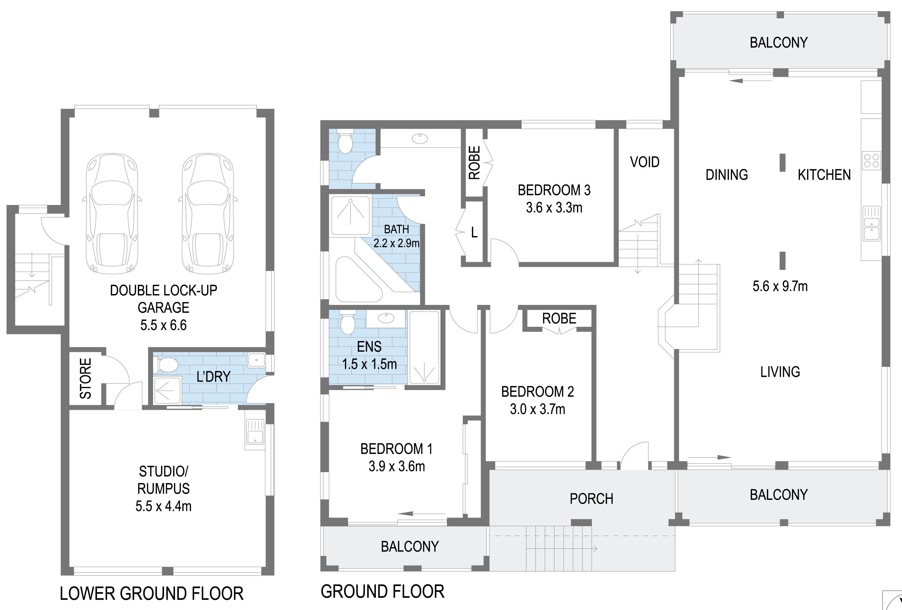 A floor plan of a building with a double lock-up garage, a studio/rumpus room, a bathroom, two bedrooms, a dining area, a kitchen, a living room, a porch, and a balcony.