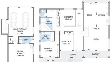 A floor plan of a building with a double lock-up garage, a studio/rumpus room, a bathroom, two bedrooms, a dining area, a kitchen, a living room, a porch, and a balcony.