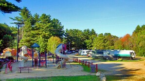 A playground with slides and swings, surrounded by trees and a parked RV. - Sturbridge RV Resort - Campground (Sturbridge)