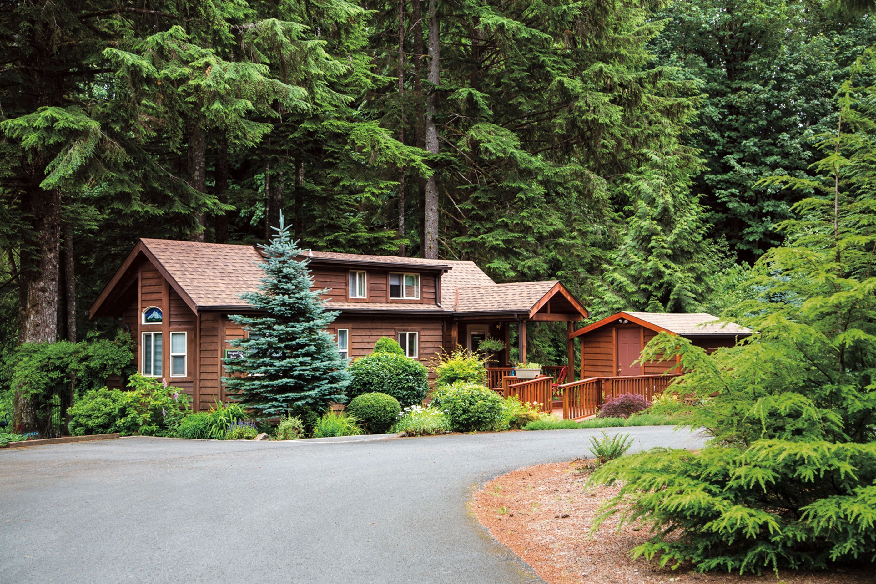 A cabin with a porch, surrounded by dense forest.