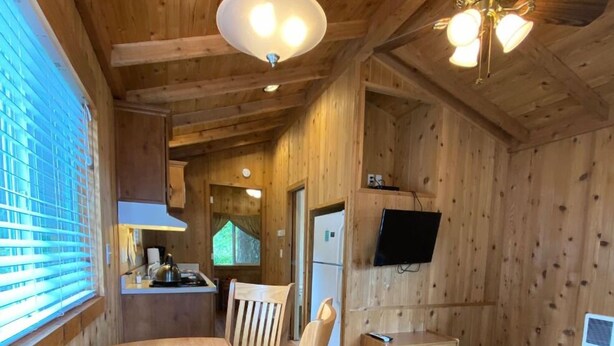 Interior de una cabaña de madera con una mesa de comedor, sillas, un ventilador de techo, un televisor montado en la pared y una pequeña zona de cocina.