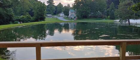 A wooden deck overlooking a pond with a pathway leading to a building surrounded by trees.