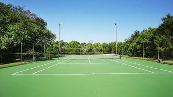 A tennis court with a net, surrounded by trees and a clear sky.