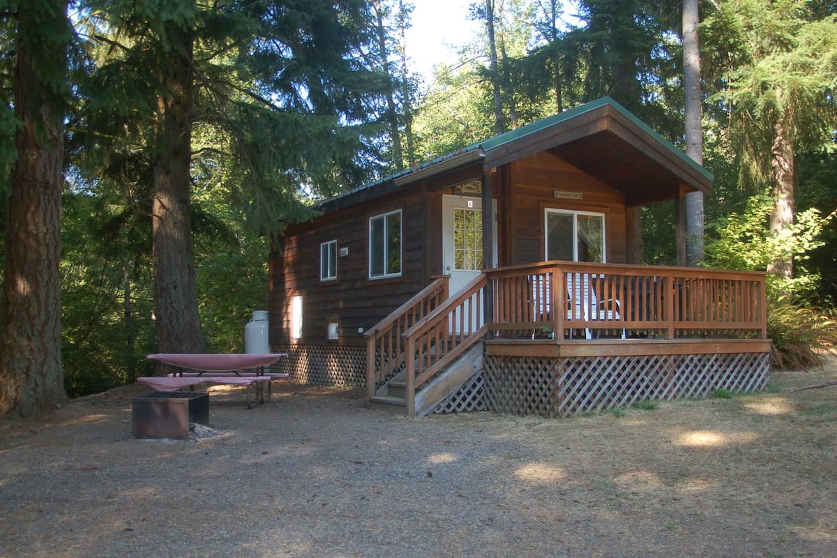 A cabin with a deck, a picnic table, and a grill area.