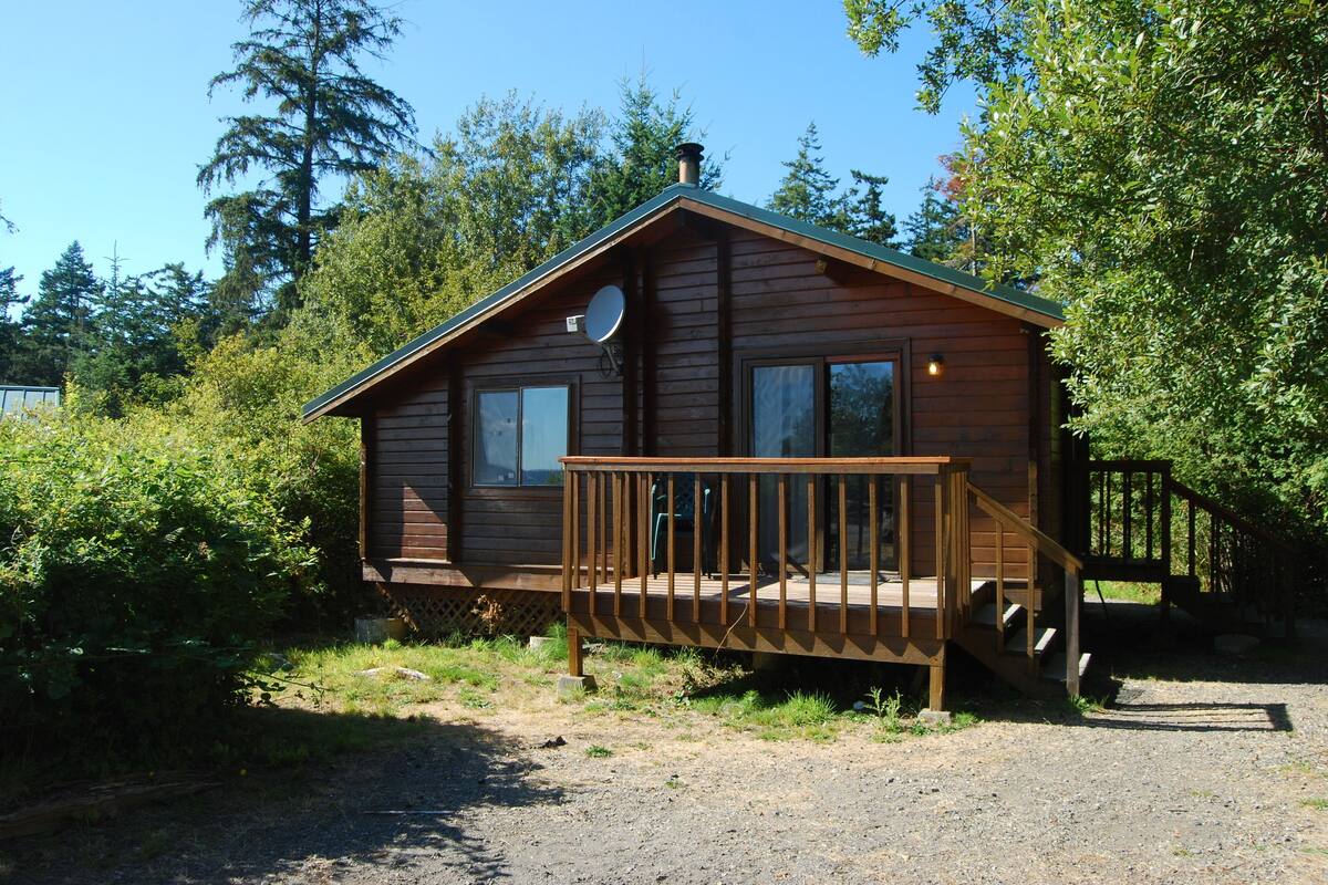 A wooden cabin with a porch and a satellite dish.