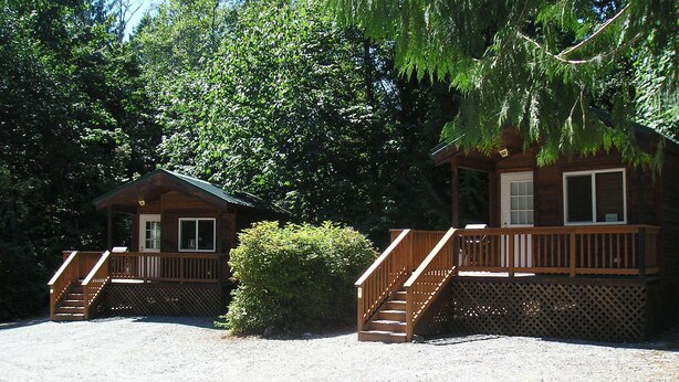 Two wooden cabins with external staircases, surrounded by dense trees. - Mount Vernon RV Campground (Bow)