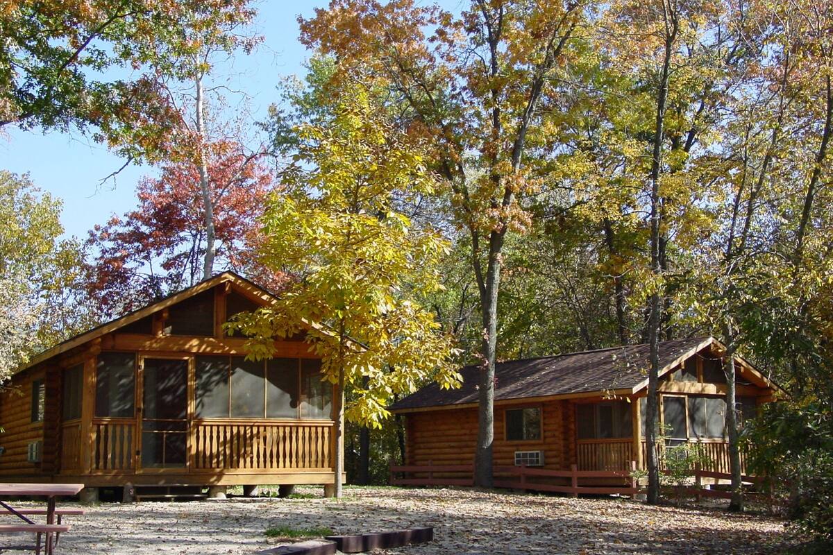 A cabin with a porch and a deck, surrounded by trees with autumn foliage.