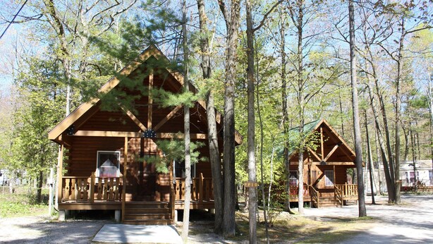 A wooden cabin with a porch, surrounded by trees. - Tranquil Timbers Camping Resort (Sturgeon Bay)