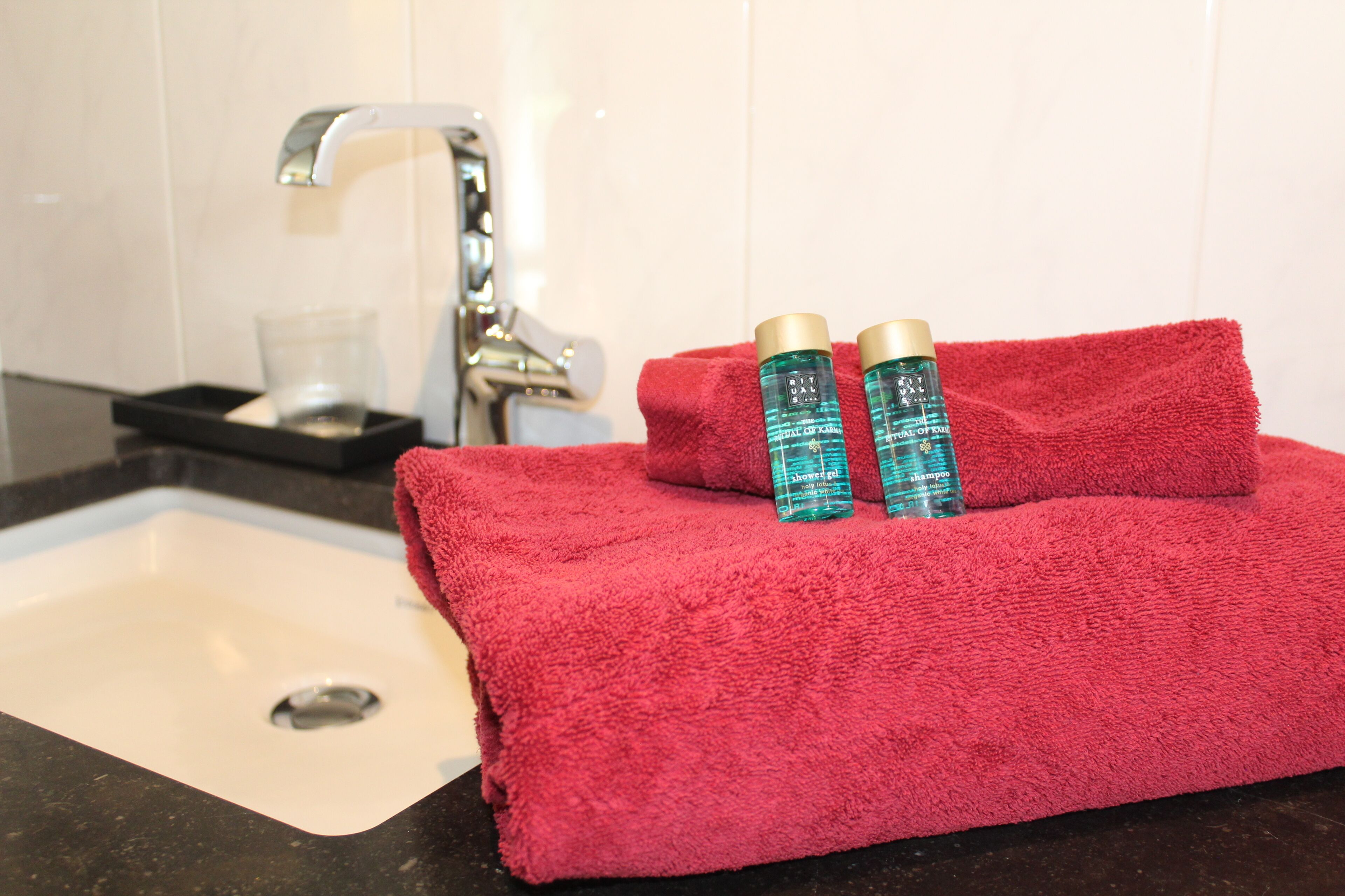 Un lavabo de salle de bain avec une serviette rouge et deux bouteilles de shampoing.
