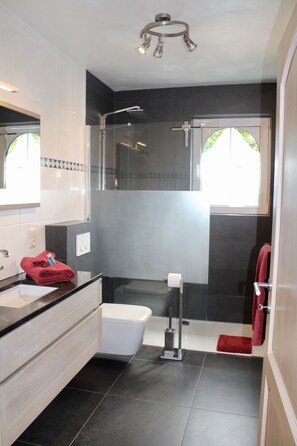 Appartement, 1 chambre | Salle de bain | Douche, douche cascade, articles de toilette (gratuits)