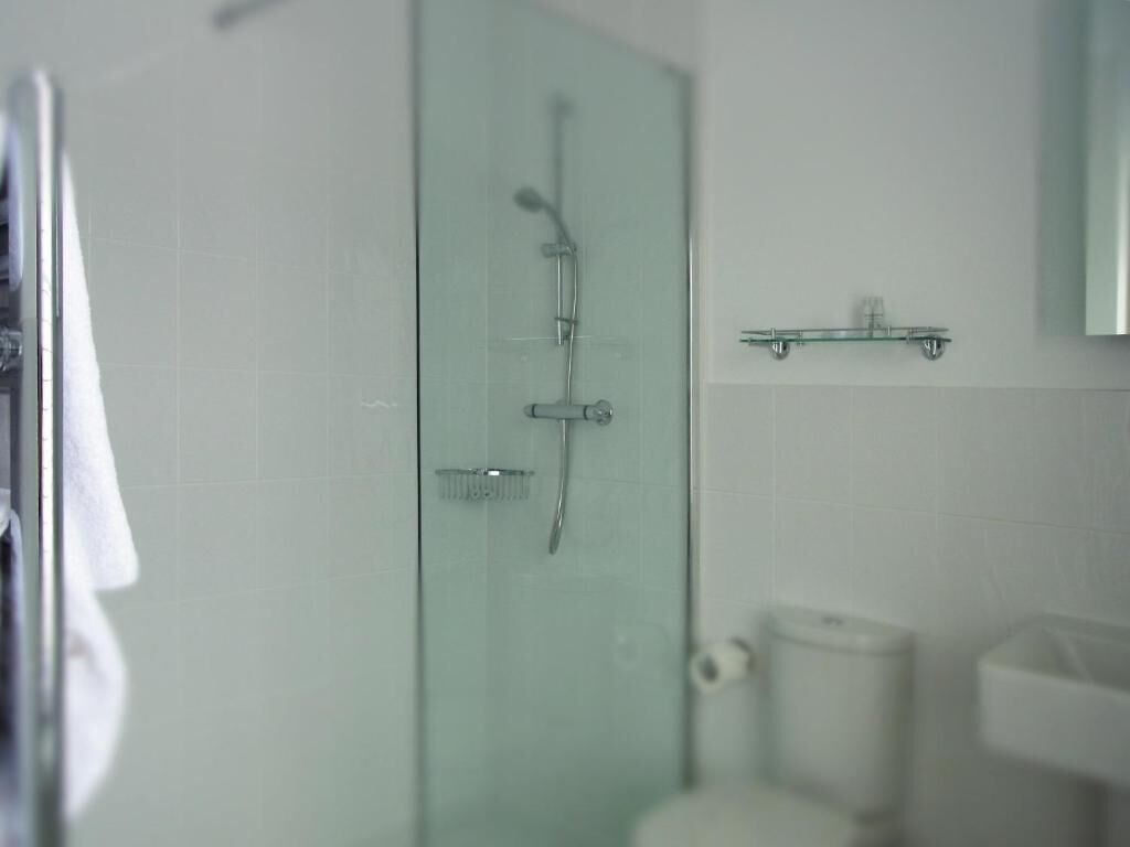 Une salle de bain avec une douche à parois de verre, des toilettes et une petite étagère au-dessus du lavabo.