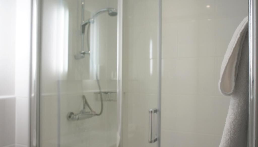 Shower, free toiletries, hair dryer, towels