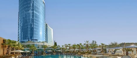 Indoor pool, outdoor pool, pool loungers