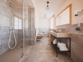 Shower, rainfall showerhead, free toiletries, hair dryer