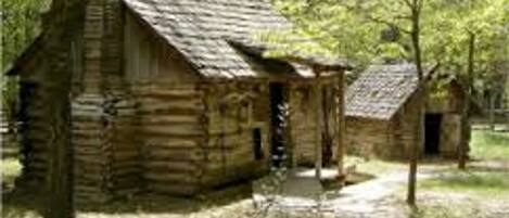 A rustic log cabin with a porch and a smaller structure nearby, surrounded by trees and greenery.