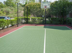 An outdoor basketball court with a net, surrounded by a fence and trees.