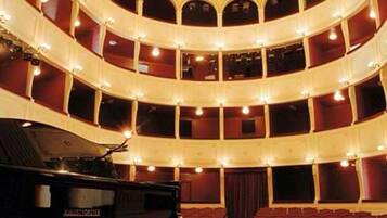 Een auditorium met meerdere verdiepingen, een vleugelpiano op het podium, diverse balkons en een rond plafond.