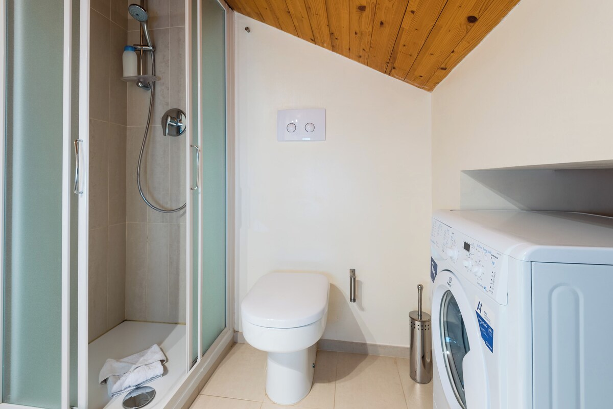 A bathroom with a shower, toilet, and washing machine.