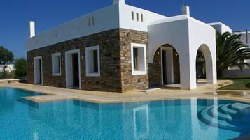 Seasonal outdoor pool, pool umbrellas, pool loungers