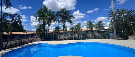 Outdoor pool, open 7:00 AM to 8:00 PM, sun loungers