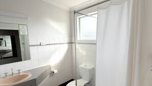 Une salle de bain équipée d’un lavabo, de toilettes et d’un rideau de douche.