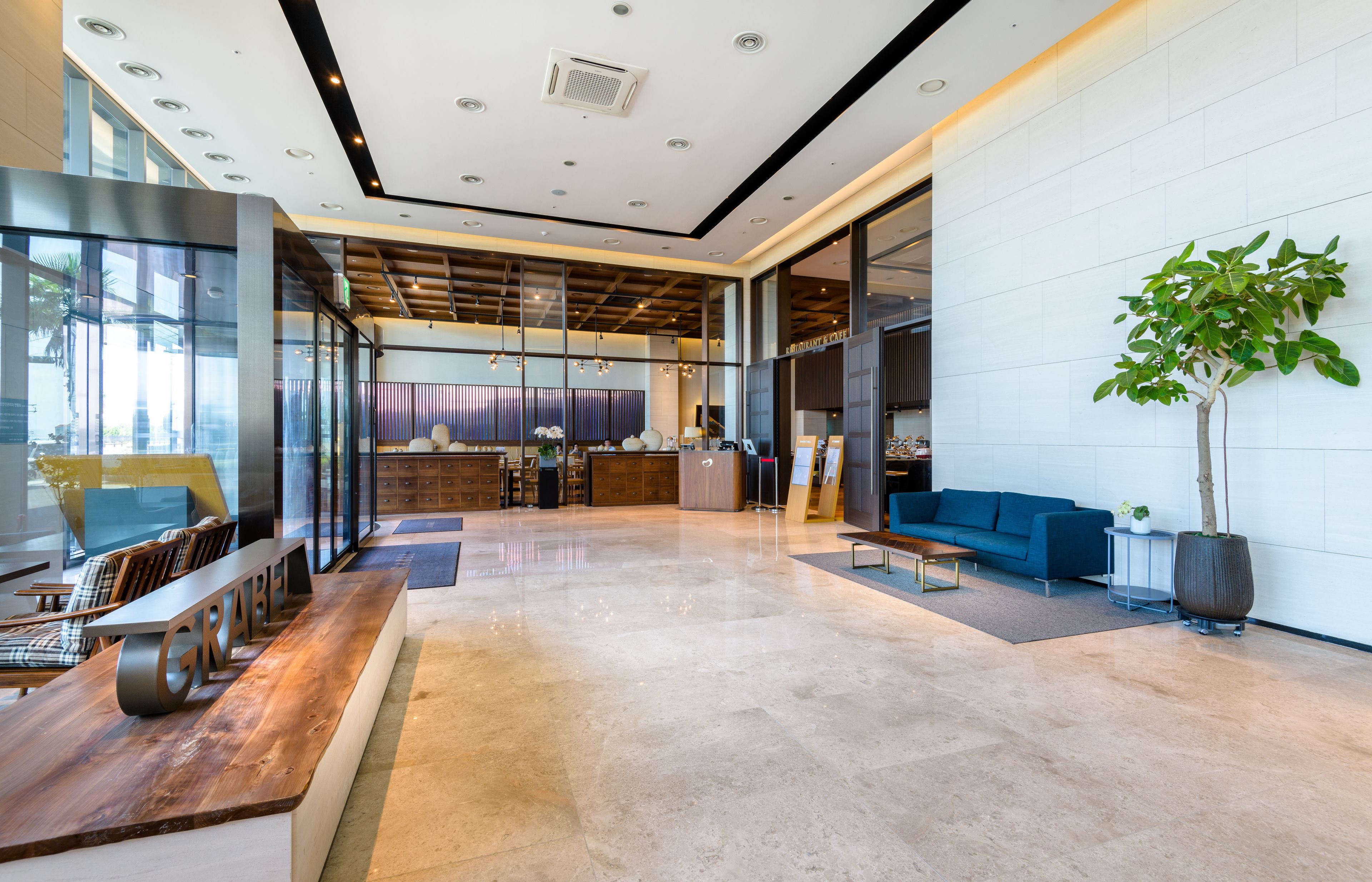A spacious lobby with a wooden reception desk, seating area, and a large potted plant.