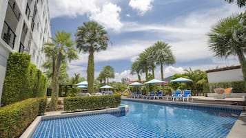 Outdoor pool, pool umbrellas, pool loungers
