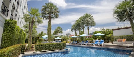 Outdoor pool, pool umbrellas, pool loungers