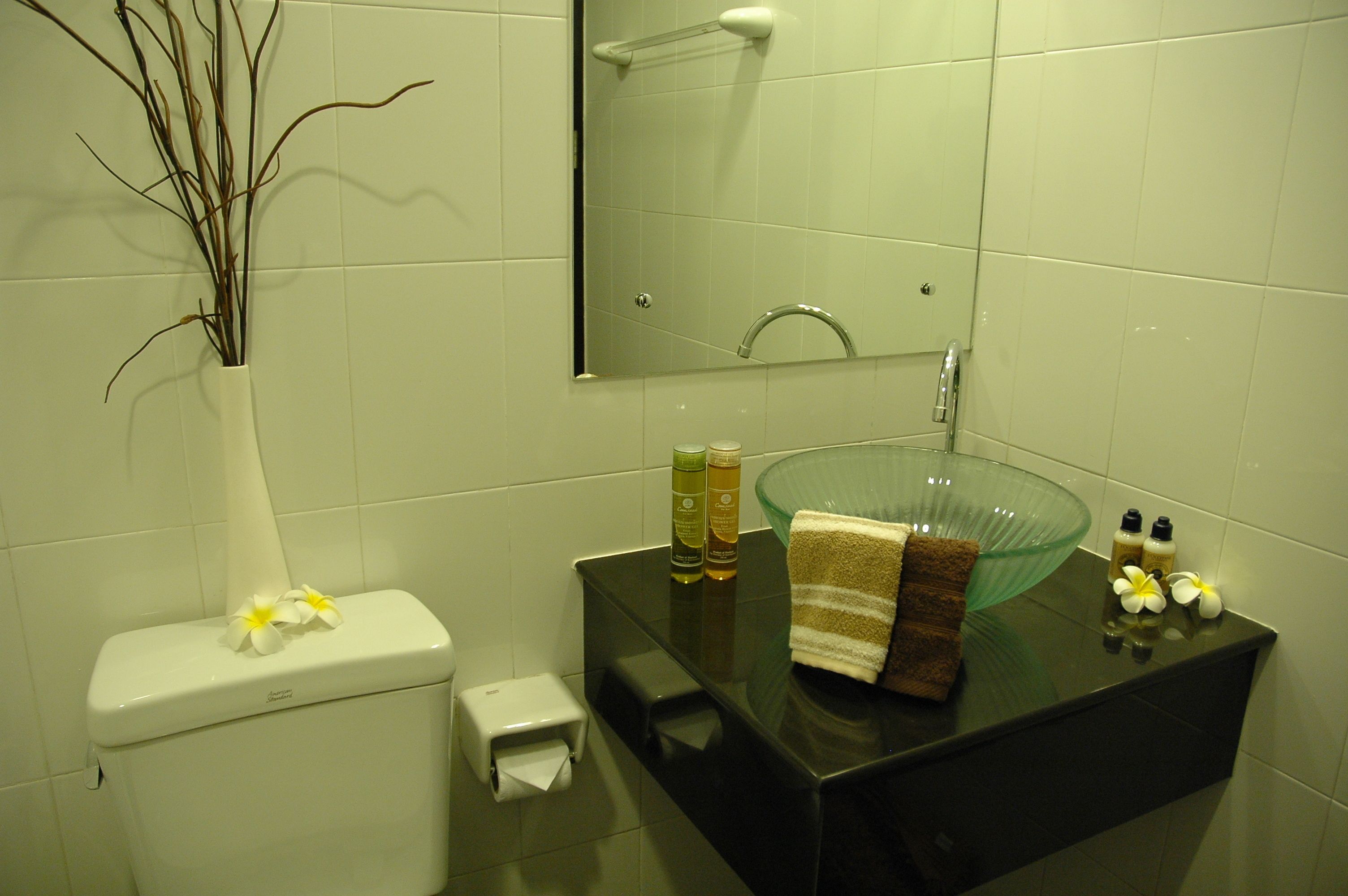 Une salle de bain équipée de toilettes, d’un lavabo en verre, d’une serviette et d’articles de toilette.