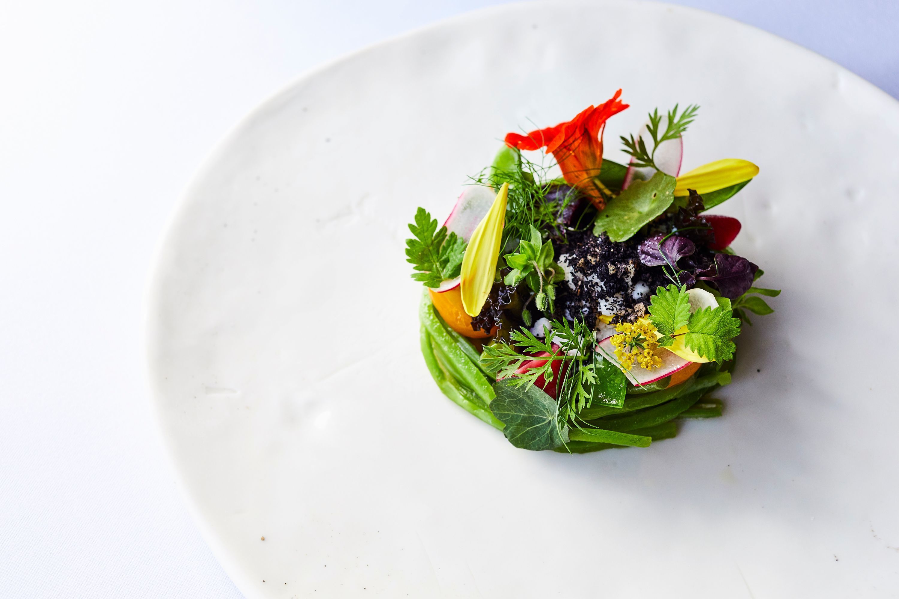 Un plat blanc amb una amanida colorida.