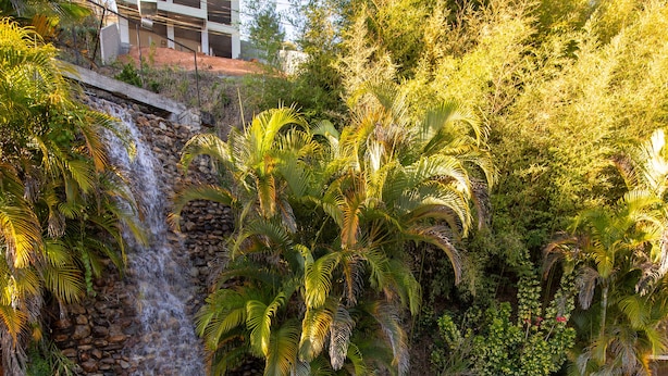 A swimming pool with a waterfall feature, surrounded by lush greenery and a multi-story building in the background.