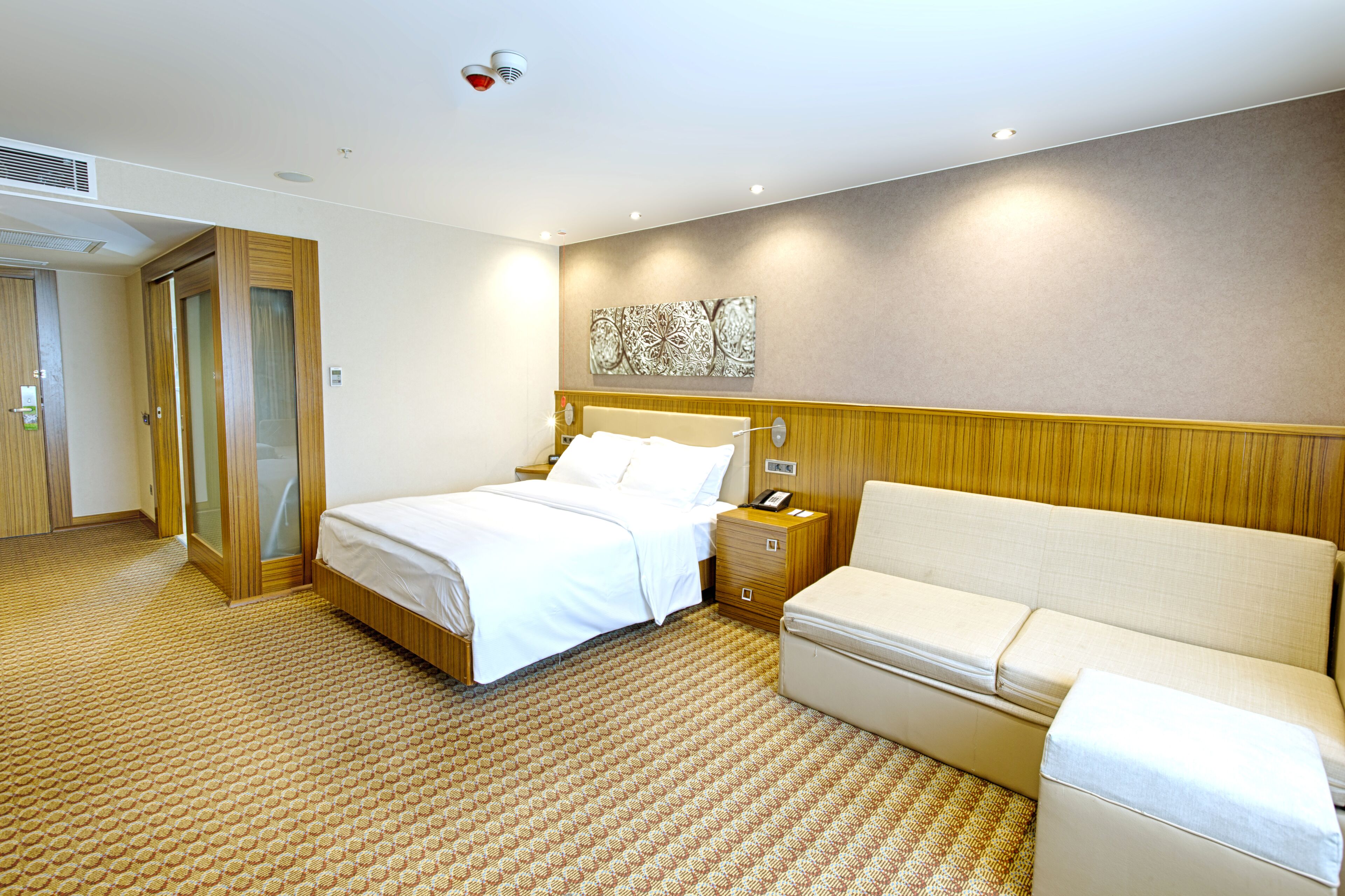 A hotel room with a bed, a sofa, a nightstand, and a wall-mounted artwork.
