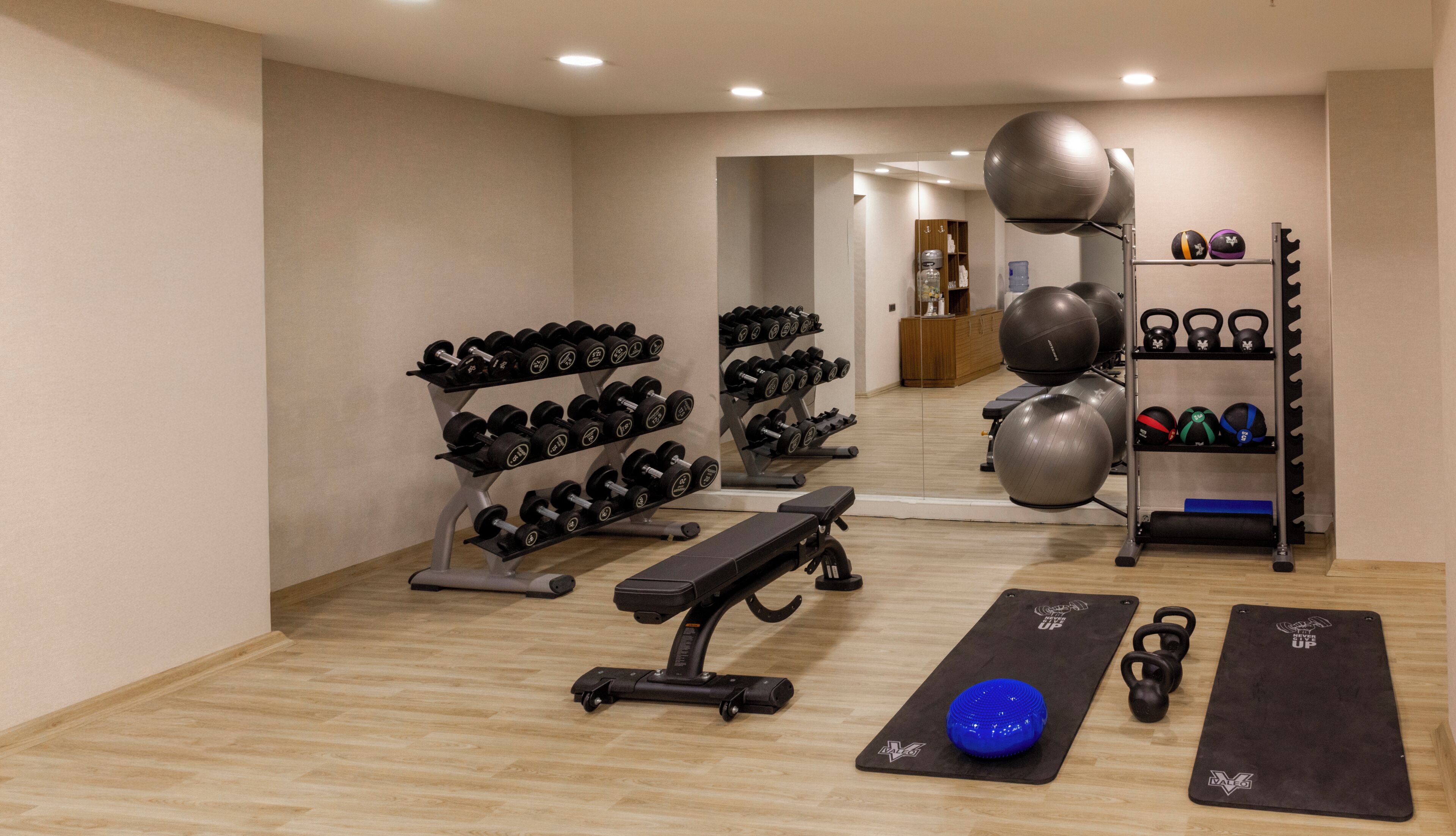 Ein Fitnessstudio mit Trainingsgeräten, darunter Kurzhanteln, Kettlebells und Gymnastikbällen.