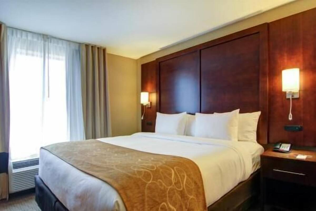 A hotel room with a large bed, two bedside tables, a nightstand, a wall-mounted phone, and a window with curtains.
