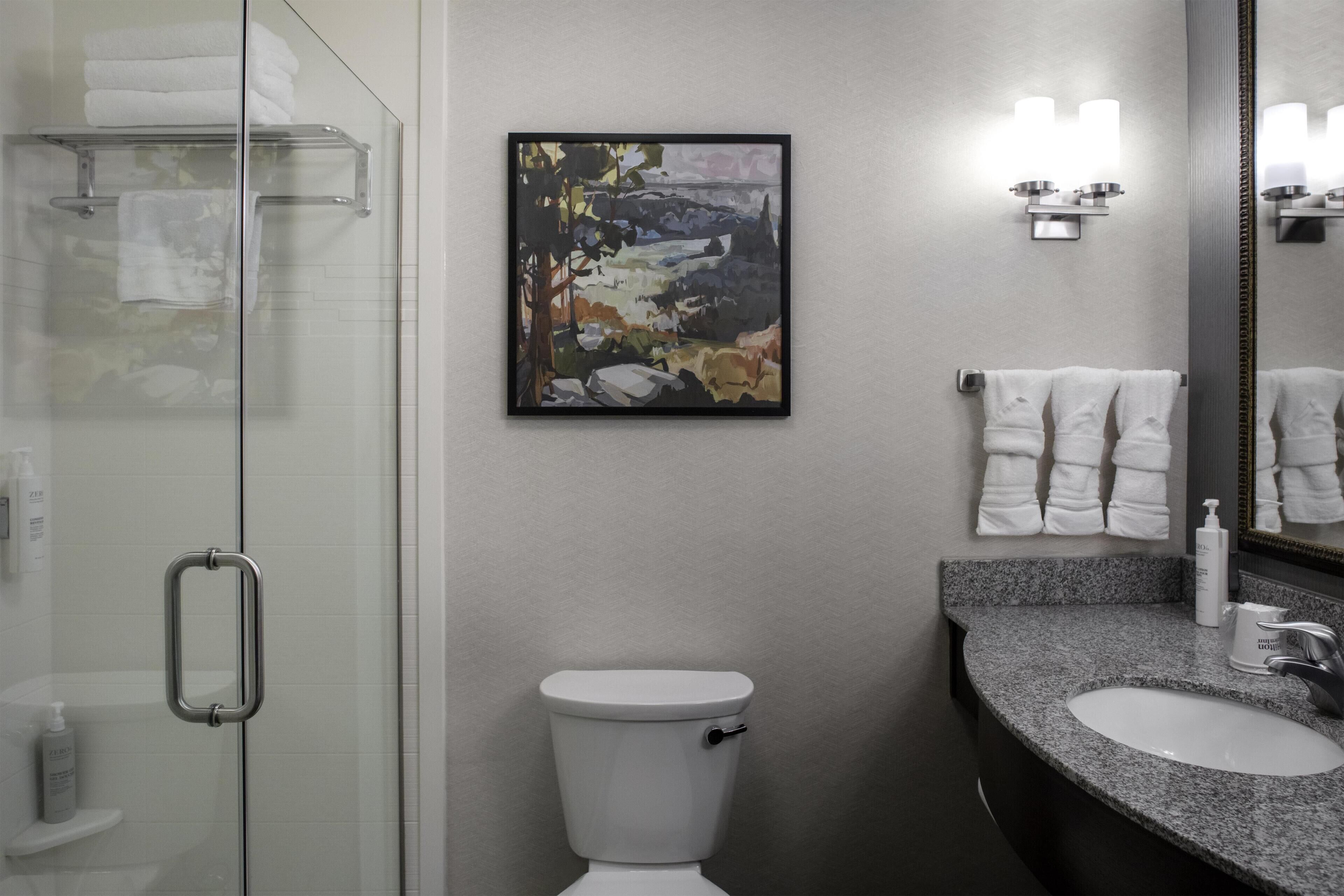 Un baño moderno con cabina de ducha de vidrio, inodoro blanco, lavamanos con encimera de granito y un cuadro abstracto enmarcado en la pared.
